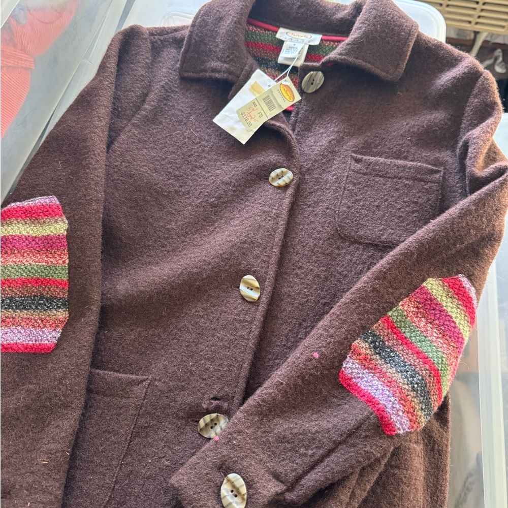 Talbots Brown Pea Coat with Striped Sleeves